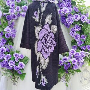 Black Long Sweater with Light Purple Rose and Scarf XL Plus